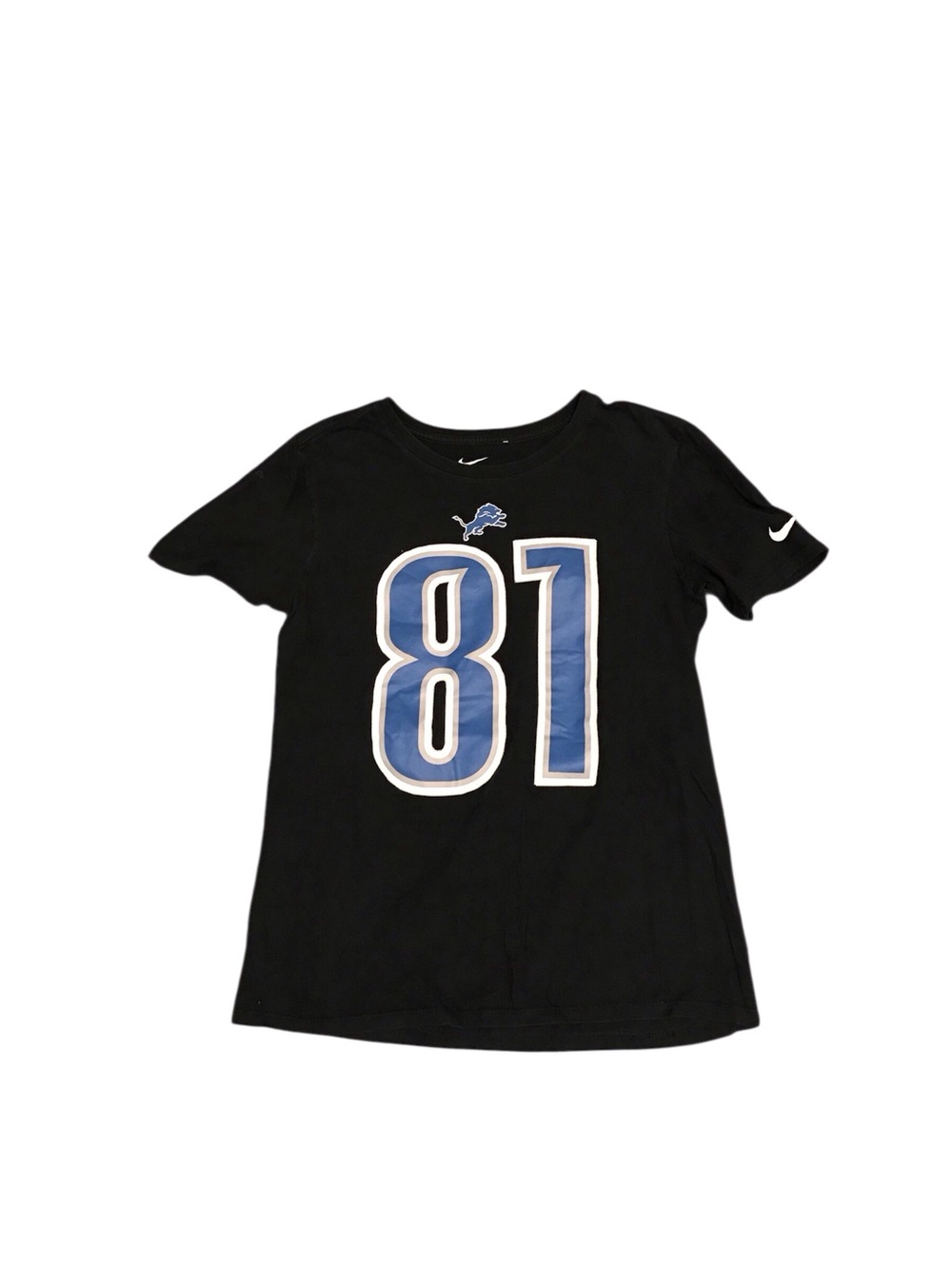 Nike Kids Black Tee with Blue & White '81' Detroit Lions Graphic, Size S.